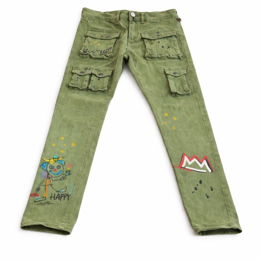 KLEEP Graphic Cargo Pants W30 Olive Green Graffiti Utility Streetwear USA